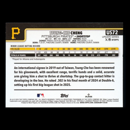Tsung-Che Cheng RC 2025 Topps Update Rookie Pirates
