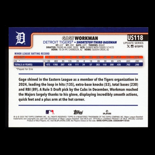Gage Workman RC 2025 Topps Update Rookie Tigers