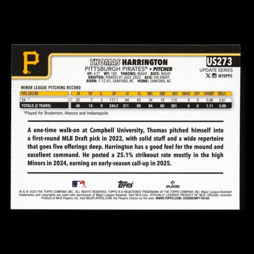 Thomas Harrington RC 2025 Topps Update Rookie Pirates