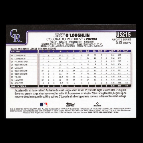 Jack OLoughlin RC 2025 Topps Update Rookie Rockies
