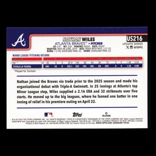 Nathan Wiles RC 2025 Topps Update Rookie Braves