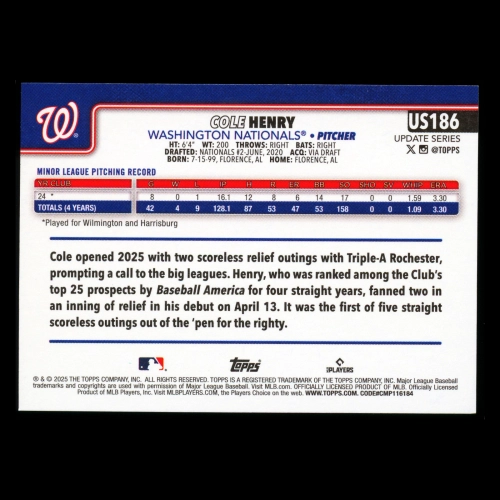 Cole Henry RC 2025 Topps Update Rookie Nationals