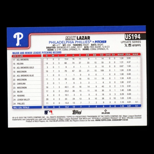 Max Lazar RC 2025 Topps Update Rookie Phillies