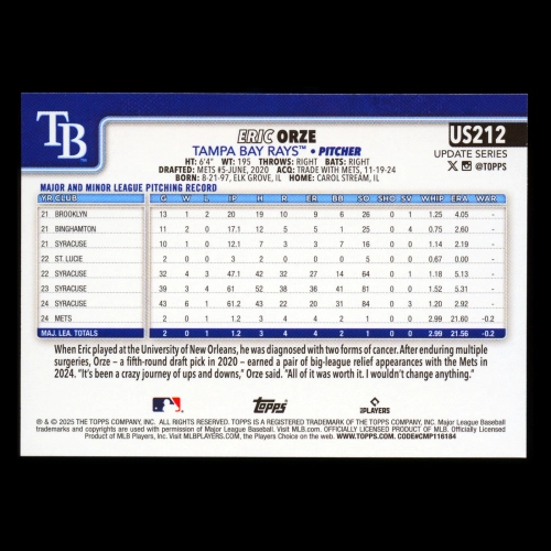 Eric Orze RC 2025 Topps Update Rookie Rays