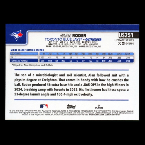 Alan Roden RC 2025 Topps Update Rookie Blue Jays