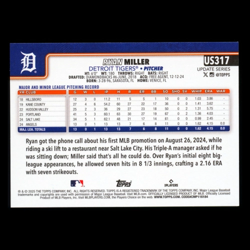 Ryan Miller RC 2025 Topps Update Rookie Tigers