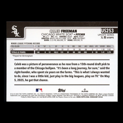 Caleb Freeman RC 2025 Topps Update Rookie White Sox