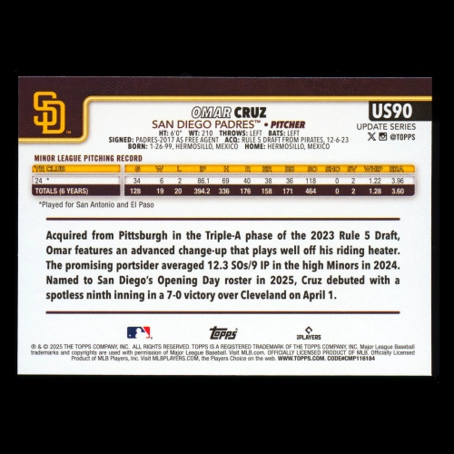 Omar Cruz RC 2025 Topps Update Rookie Padres