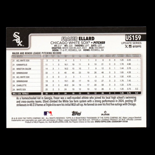 Fraser Ellard RC 2025 Topps Update Rookie White Sox