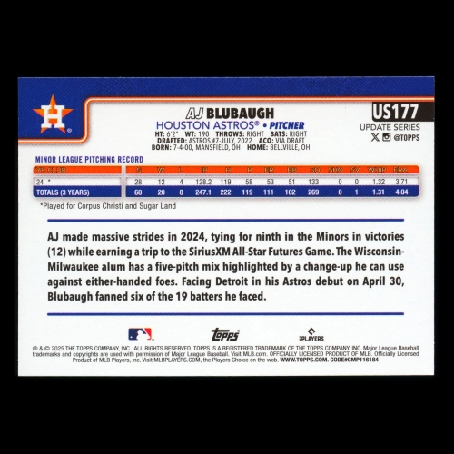 AJ Blubaugh RC 2025 Topps Update Rookie Astros