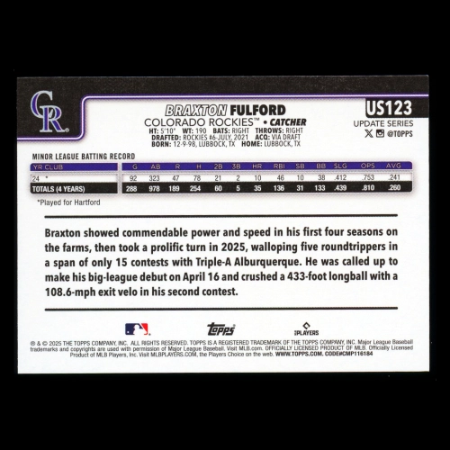 Braxton Fulford RC 2025 Topps Update Rookie Rockies