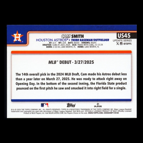 Cam Smith 2025 Topps Update Rookie Debut Astros
