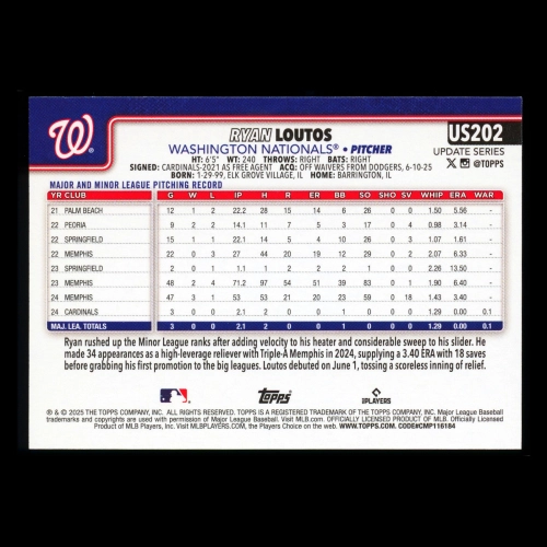 Ryan Loutos RC 2025 Topps Update Rookie Nationals