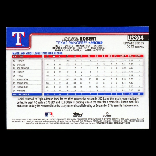 Daniel Robert RC 2025 Topps Update Rookie Rangers
