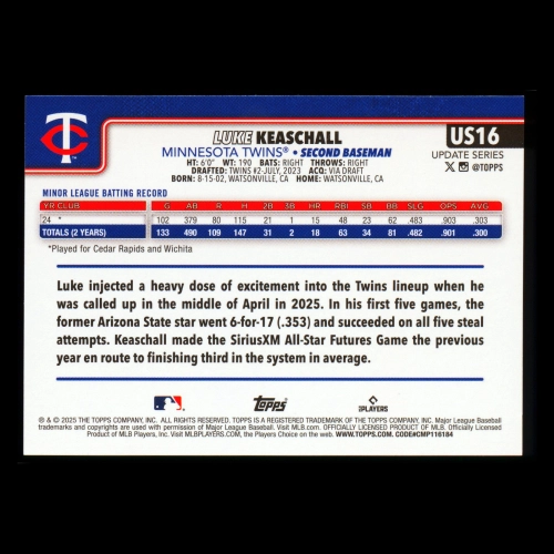 Luke Keaschall RC 2025 Topps Update Rookie Twins