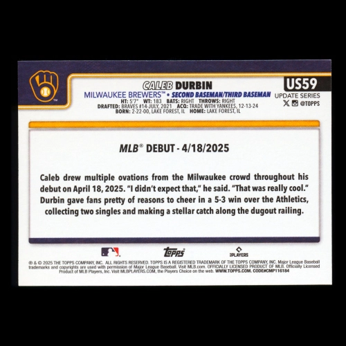 Caleb Durbin 2025 Topps Update Rookie Debut Brewers