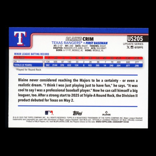 Blaine Crim RC 2025 Topps Update Rookie Rangers