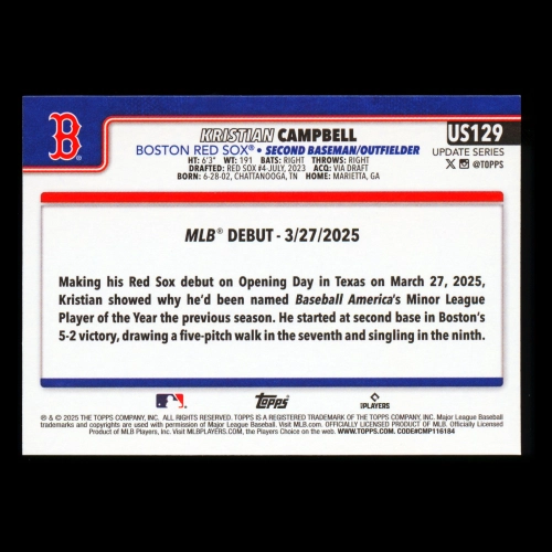 Kristian Campbell 2025 Topps Update Rookie Debut Red Sox