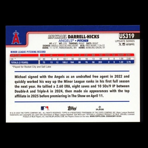 Michael Darrell-Hicks RC 2025 Topps Update Rookie Angels