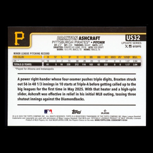 Braxton Ashcraft RC 2025 Topps Update Rookie Pirates