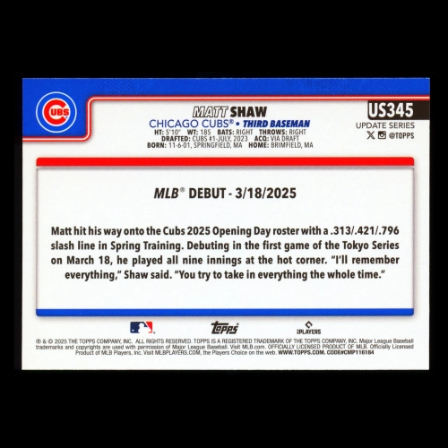 Matt Shaw 2025 Topps Update Rookie Debut Cubs
