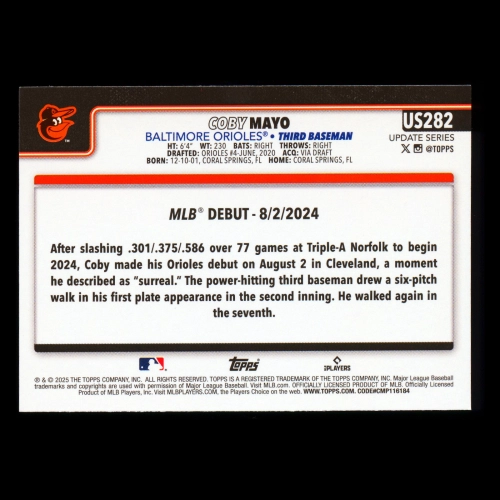 Coby Mayo 2025 Topps Update Rookie Debut Orioles