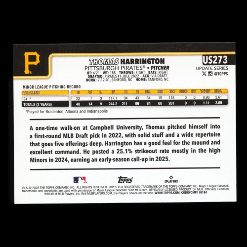 Thomas Harrington RC 2025 Topps Update Rookie Pirates
