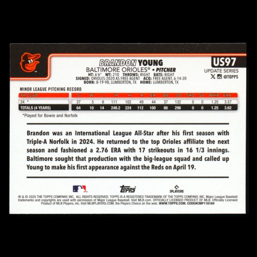 Brandon Young RC 2025 Topps Update Rookie Orioles