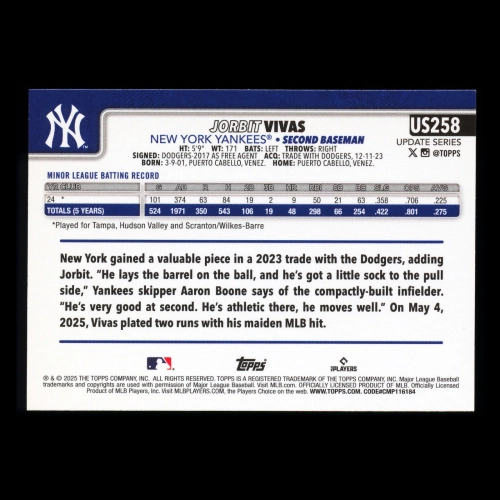 Jorbit Vivas RC 2025 Topps Update Rookie Yankees