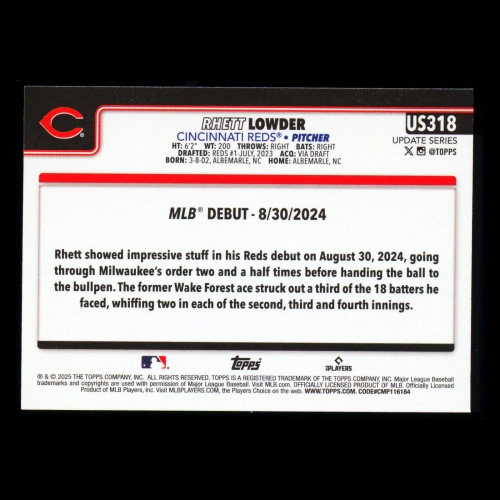 Rhett Lowder 2025 Topps Update Rookie Debut Reds