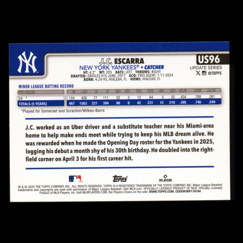 J.C. Escarra RC 2025 Topps Update Rookie Yankees