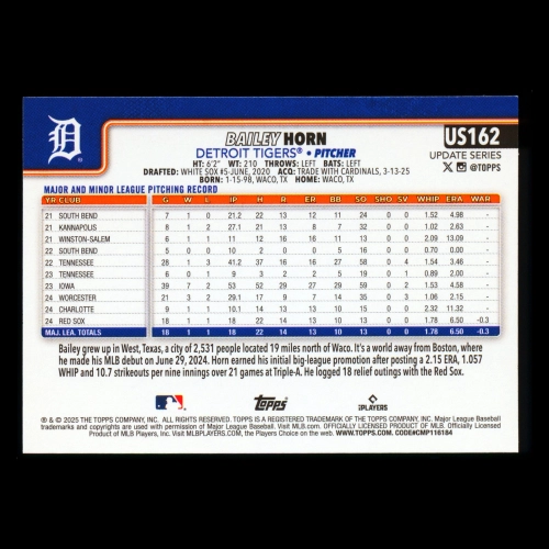 Bailey Horn RC 2025 Topps Update Rookie Tigers