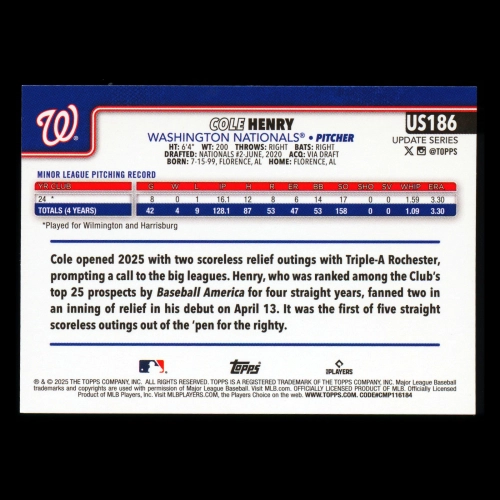 Cole Henry RC 2025 Topps Update Rookie Nationals