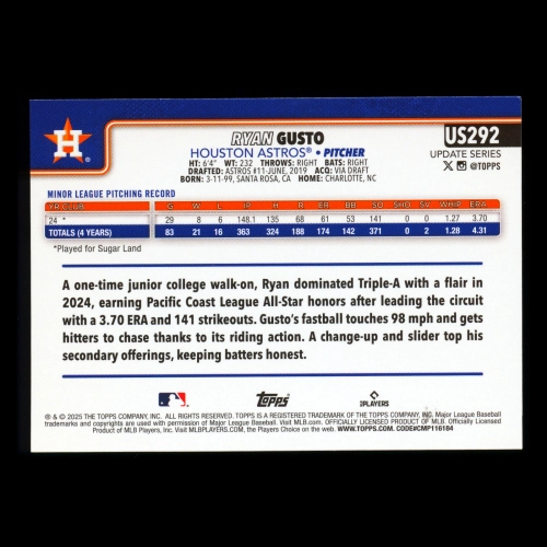 Ryan Gusto RC 2025 Topps Update Rookie Astros