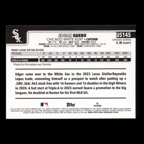 Edgar Quero RC 2025 Topps Update Rookie White Sox