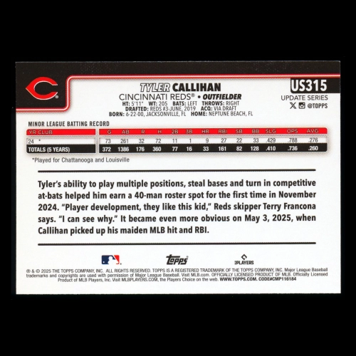 Tyler Callihan RC 2025 Topps Update Rookie Reds