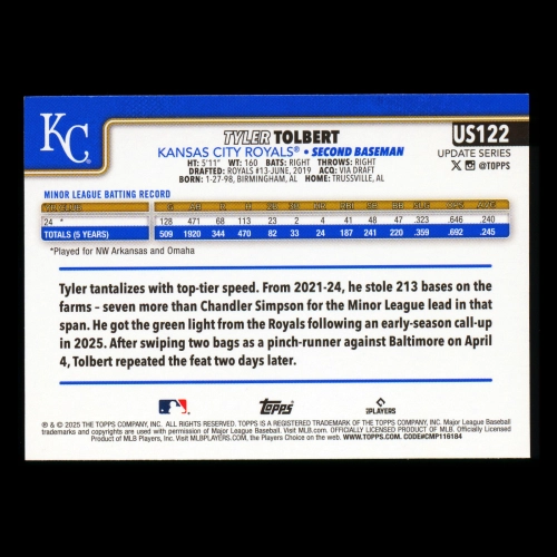 Tyler Tolbert RC 2025 Topps Update Rookie Royals