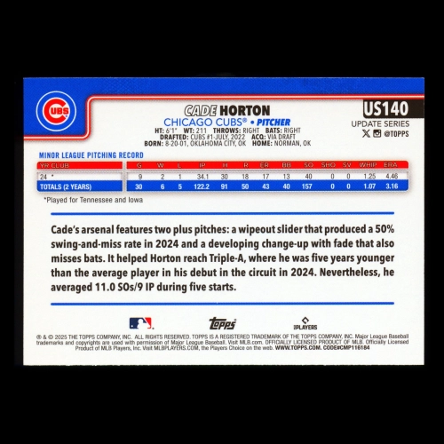 Cade Horton RC 2025 Topps Update Rookie Cubs