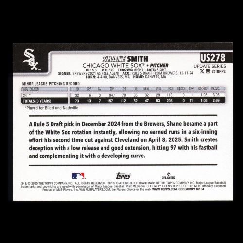 Shane Smith RC 2025 Topps Update Rookie White Sox