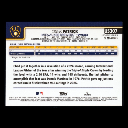Chad Patrick RC 2025 Topps Update Rookie Brewers