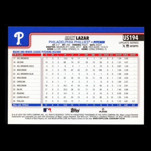 Max Lazar RC 2025 Topps Update Rookie Phillies