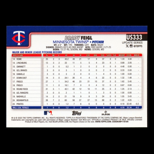 Brady Feigl RC 2025 Topps Update Rookie Twins