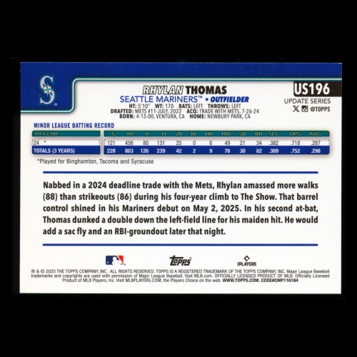 Rhylan Thomas RC 2025 Topps Update Rookie Mariners
