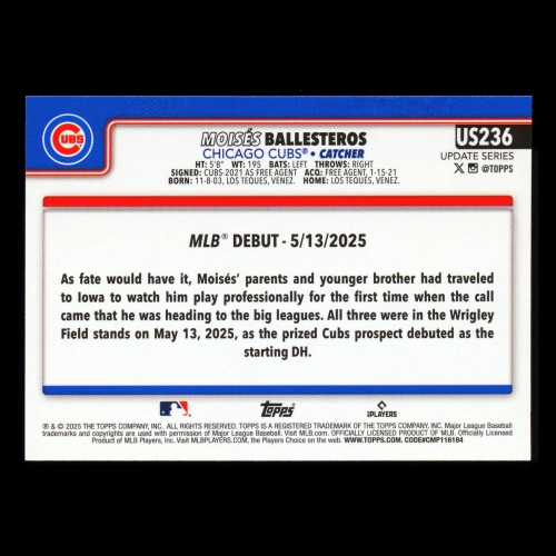 Moiss Ballesteros 2025 Topps Update Rookie Debut Cubs