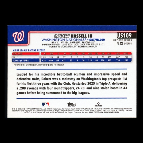 Robert Hassell III RC 2025 Topps Update Rookie Nationals