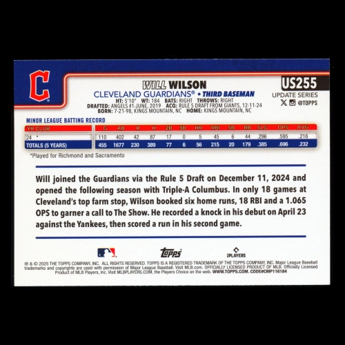 Will Wilson RC 2025 Topps Update Rookie Guardians
