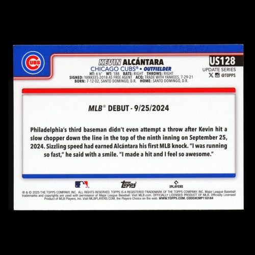 Kevin Alcntara 2025 Topps Update Rookie Debut Cubs