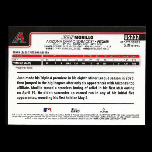 Juan Morillo RC 2025 Topps Update Rookie Diamondbacks