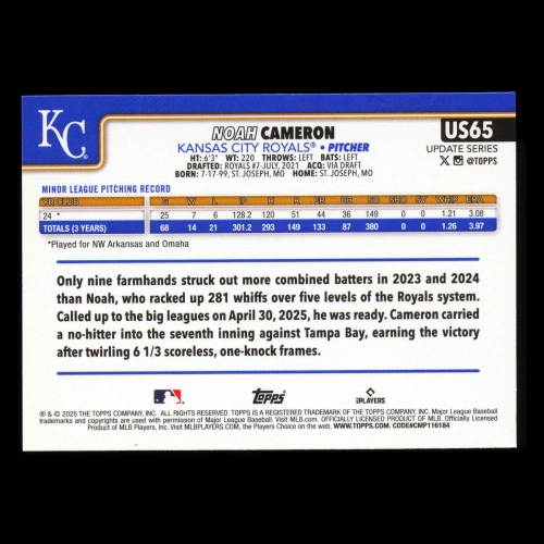 Noah Cameron RC 2025 Topps Update Rookie Royals