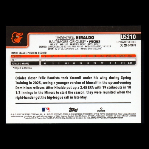Yaramil Hiraldo RC 2025 Topps Update Rookie Orioles